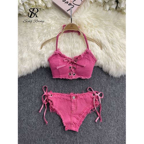Singreiny Rétro Femmes Bikini Denim Costumes Été Licou Camis + Mini Pantalon Lingerie Mode Vacances Maillots De Bain Sexy Soutien-Gorge Et Slips Ensembles
