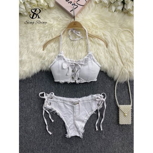 Singreiny Rétro Femmes Bikini Denim Costumes Été Licou Camis + Mini Pantalon Lingerie Mode Vacances Maillots De Bain Sexy Soutien-Gorge Et Slips Ensembles
