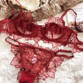 Ensemble De Sous-Vêtements Français En Dentelle Brodée De Fleurs Pour Femmes,Soutien-Gorge Sexy,Intimes D'été,Culotte De Lingerie Ultra Fine Et Respirante