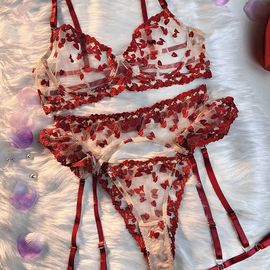 Ensemble De Lingerie Sexy En Forme De C?ur Brodé,Sous-Vêtements Transparents Avec Porte-Jarretelles,Lingerie Pour La Saint-Valentin,Vêtements De Nuit Érotiques Transparents