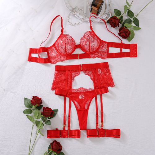2025 Nouvel Ensemble Érotique Transparent Brodé Sexy Cils Dentelle Corps Façonnage Lingerie Quatre Pièces Ensemble Femmes Fan