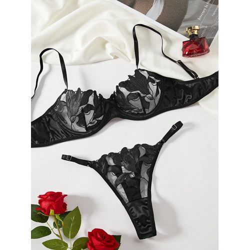 Ensemble De Lingerie En Dentelle Transparente,Deux Pièces,Motif Floral Exquis,Soutien-Gorge Ultra-Fin,Slip,Solide,Exotique,Pour Dames,2024