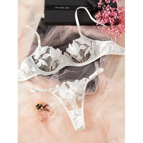 Ensemble De Lingerie En Dentelle Transparente,Deux Pièces,Motif Floral Exquis,Soutien-Gorge Ultra-Fin,Slip,Solide,Exotique,Pour Dames,2024