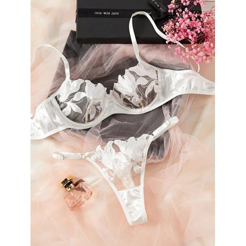 Ensemble De Lingerie En Dentelle Transparente,Deux Pièces,Motif Floral Exquis,Soutien-Gorge Ultra-Fin,Slip,Solide,Exotique,Pour Dames,2024