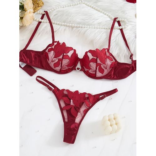Ensemble De Lingerie En Dentelle Transparente,Deux Pièces,Motif Floral Exquis,Soutien-Gorge Ultra-Fin,Slip,Solide,Exotique,Pour Dames,2024