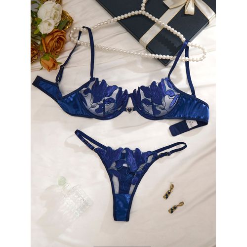 Ensemble De Lingerie En Dentelle Transparente,Deux Pièces,Motif Floral Exquis,Soutien-Gorge Ultra-Fin,Slip,Solide,Exotique,Pour Dames,2024