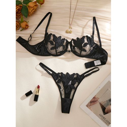 Ensemble De Lingerie En Dentelle Transparente,Deux Pièces,Motif Floral Exquis,Soutien-Gorge Ultra-Fin,Slip,Solide,Exotique,Pour Dames,2024
