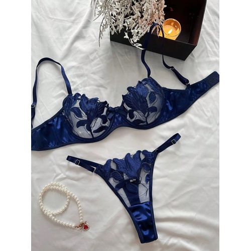 Ensemble De Lingerie Sexy Brodé De Fleurs Pour Femmes,Bralette Fine Transparente En Dentelle,Soutien-Gorge Push Up,Culotte,2 Pièces,Lingerie Sensuelle,S,2024