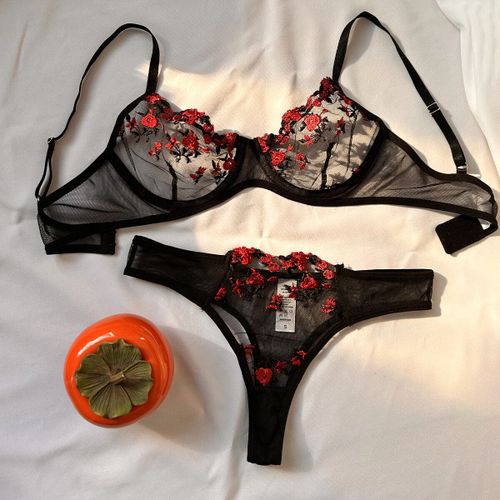 Lingerie Rose Sexy En Dentelle Pour Femmes,Sous-Vêtements Transparents,Broderie Dégradée,Ensembles Brefs,Soutien-Gorge Délicat,Kits De Culottes,7.0 Brassards