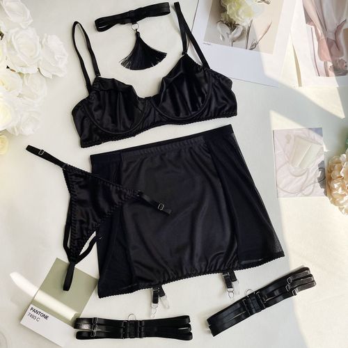 Ensemble De Lingerie Sexy Avec Pompon Ras Du Cou Pour Femmes,5 Pièces,Sous-Vêtements Courts De Club,Kit De Jarretelles