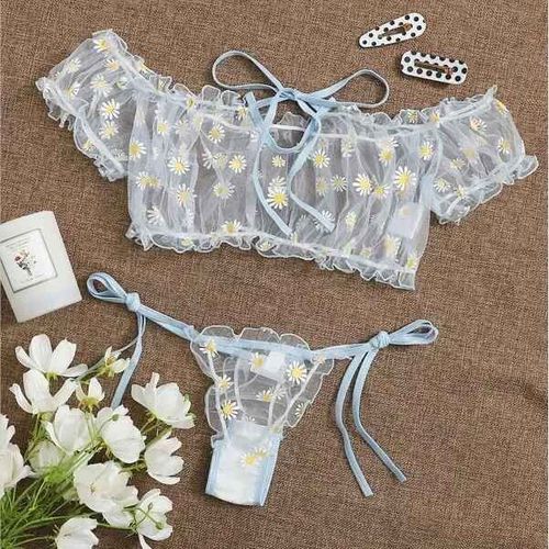 Sous-Vêtements Sexy En Dentelle Florale Pour Femmes,Ensemble De Lingerie Sans Fil,Épaules Dénudées,Petite Poitrine,Bralette + String,Vêtements De Plage,Ensemble De Soutien-Gorge Transparent