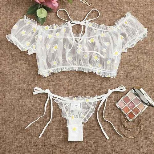 Sous-Vêtements Sexy En Dentelle Florale Pour Femmes,Ensemble De Lingerie Sans Fil,Épaules Dénudées,Petite Poitrine,Bralette + String,Vêtements De Plage,Ensemble De Soutien-Gorge Transparent
