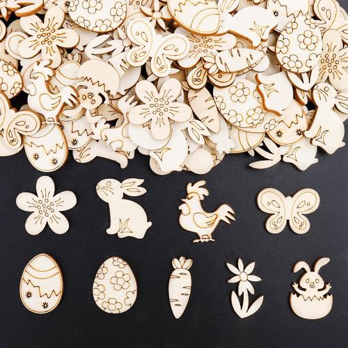 Lot de 100 confettis en bois de Pâques - Décoration de table de Pâques - Confettis de Pâques - Cadeaux de Pâques - Fournitures de bricolage - Poules, lapins, ?ufs