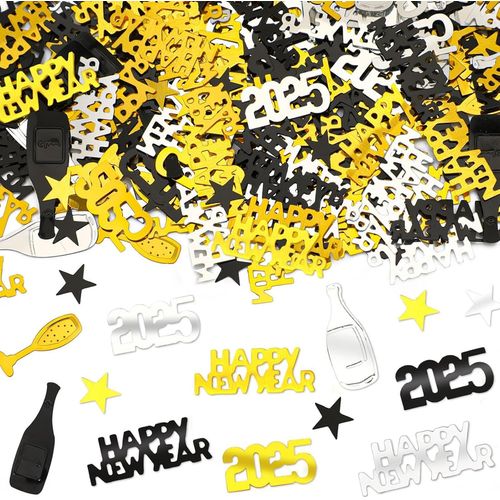 Confettis Décoration de Table Happy New Year 2025, 1000 Pièces Confettis Dorés et Noirs, Décoration de Table Happy New Year, Décoration de Table pour le Nouvel An