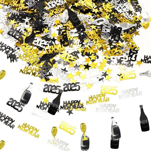 Confettis du Nouvel An - Décoration de table du Nouvel An - Décoration de table - Happy New Year 2025 - Argenté, doré et noir - Décoration de fête du Nouvel An (30 g) (A)
