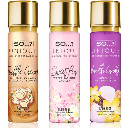 Unique Candy Kiss Brume Parfumée Truffle Cream, Sweet Pea, Vanilla Candy Brume Corporelle Parfumée Pour Femme 150ml (Lot De 3) 