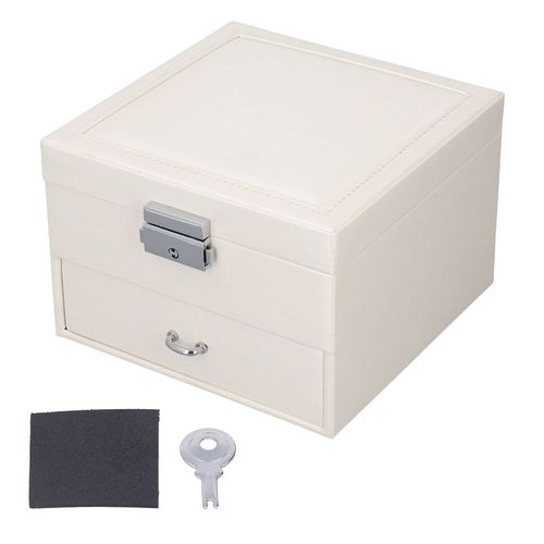 Hjlian Boite A Bijoux En Cuir Synthetique, Etui De Rangement A 2 Niveaux, Presentoir A Bijoux Pour Femmes, Adolescentes, Blanc