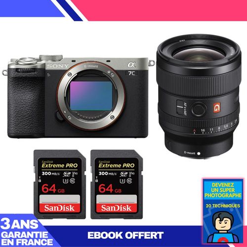 Boitier Sony A7C II Silver + FE 24mm f/1.4 GM + 2 SanDisk 64GB Extreme PRO UHS-II SDXC 300 MB/s + Ebook 'Devenez Un Super Photographe'