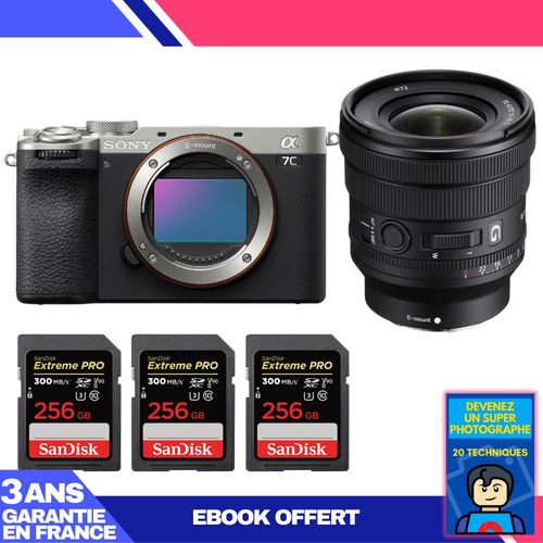 Boitier Sony A7C II Silver + FE PZ 16-35mm f/4 G + 3 SanDisk 256GB Extreme PRO UHS-II SDXC 300 MB/s + Ebook 'Devenez Un Super Photographe'