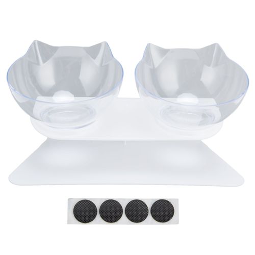 Hjlian Gamelle Double Inclinee A 15¡Ã Pour Chat, Protege-Cou, Gamelle Pour Animaux De Compagnie, Pour La Maison, L'animalerie, Le Salon (Bol Transparent A Base Blanche)