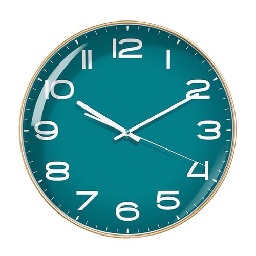HJLIAN Horloge murale de salon moderne et simple, silencieuse, en plastique, a quartz, pour salon, 35,6 cm, cadre dore, cadran vert