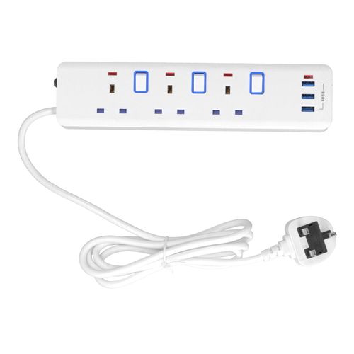 HJLIAN Multiprise domestique avec interrupteur independant, 3 prises, 3 ports USB, protection contre les surcharges, prise britannique blanche 250 V