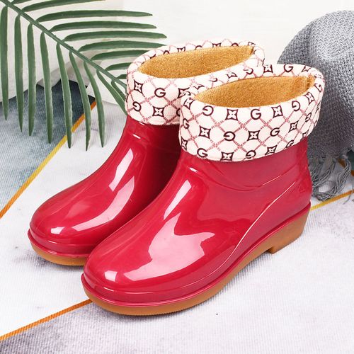 Hjlian Bottes De Pluie Courtes Antiderapantes Pour Femmes, Bottes De Pluie Tendance A Tete Ronde, Bottes De Pluie Radian, Bottes Pour Femmes Rouges Rembourrees, Pointure 39
