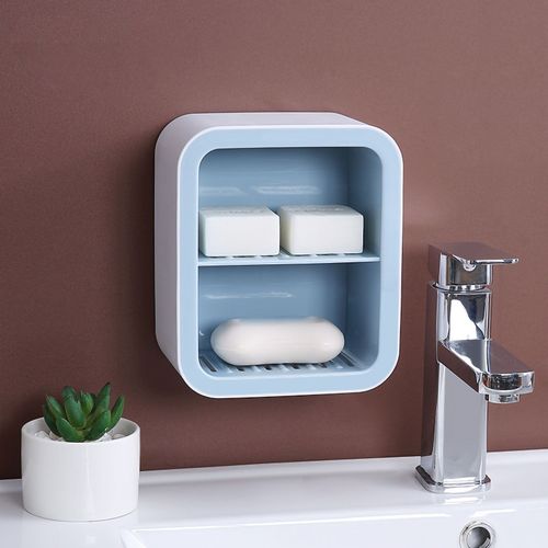HJLIAN Porte-savon mural avec ventouse pour toilettes, boite anti-perforation, fournitures pour dortoirs d'etudiants, style nordique, 2 couches, bleu