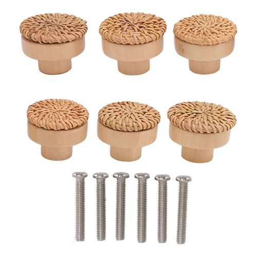 HJLIAN Lot de 6 boutons de meuble en rotin tisses a la main, ronds, rustiques, decoratifs, pour tiroir, armoire, coiffeuse