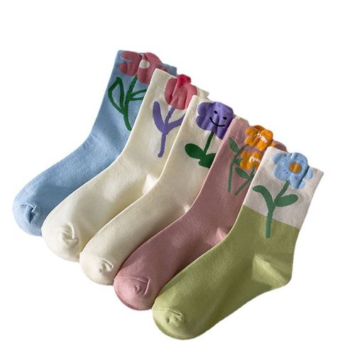 Hjlian Chaussettes Mi-Hautes Pour Femmes, Motif Tulipe, En Coton, Deodorantes, Absorbantes, Couleurs Melangees, 5 Paires, Taille Unique