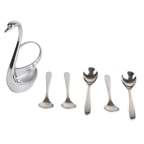 Hjlian Ensemble De Couverts En Alliage De Zinc Poli Miroir, 5 Pieces, Cuillere, Fourchette, Vaisselle En Forme De Cygne, Cuillere
