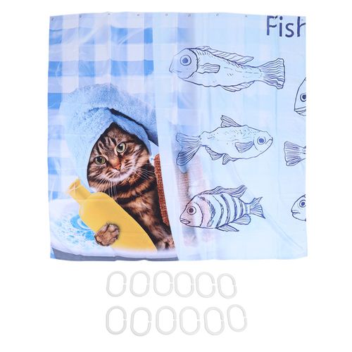 HJLIAN Rideau de douche decoratif impermeable a motif de chat et de poisson mignon, 180 x 200 cm