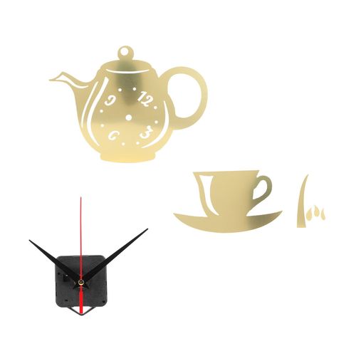 HJLIAN Horloge murale a faire soi-meme, autocollant miroir en forme de theiere, pour salon et chambre a coucher (dore)