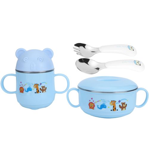 Hjlian Vaisselle En Acier Inoxydable Pour Enfants, Motif Dessin Anime, Bol Isolant, Tasse, Cuillere, Fourchette, Ensemble Cadeau Pour Bebe, Bleu