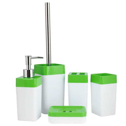 HJLIAN Ensemble de salle de bain 5 pieces, porte-brosse a dents en plastique, gobelet de rincage, porte-savon, bouteille de liquide, brosse de toilette, vert