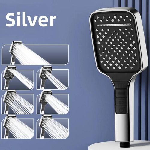 Grand pommeau de douche réglable à 7 modes, arrêt à une clé, haute pression, économie d'eau, buses de centre commercial, accessoires-Argent