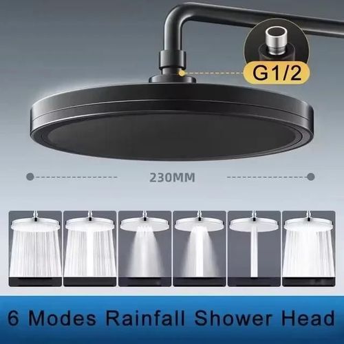 Pommeau de douche à grand panneau de 230mm, 6 modes, superchararge, pomme de douche à pluie haute pression, robinet de douche à pluie supérieure, accessoires de salle de bains-Noir