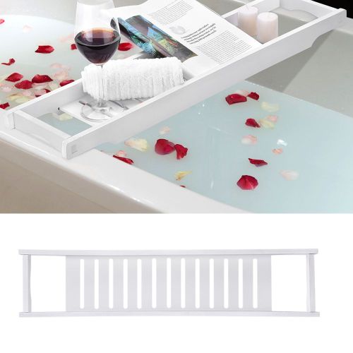 Hjlian Plateau De Bain De Luxe Fin, Etagere De Rangement Pour Baignoire, Organisateur, Accessoires De Salle De Bain, Blanc