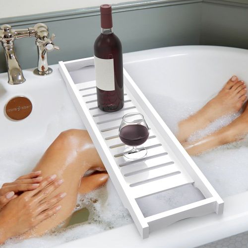 Hjlian Plateau De Bain Moderne En Mdf Blanc, Etagere De Rangement Pour Baignoire, Organisateur, Porte-Verre A Vin