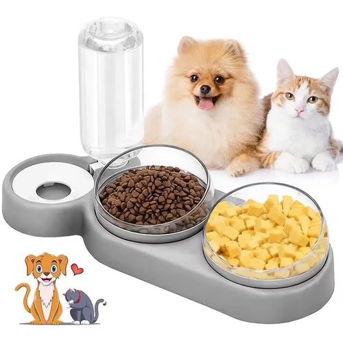 Gamelles Pour Chats,Double Gamelle Chat Surélevée Inclinable À 15° Bol Pour Chat Avec Bouteille Gamelle Chat Anti Glouton(Gris) -Ouragan X