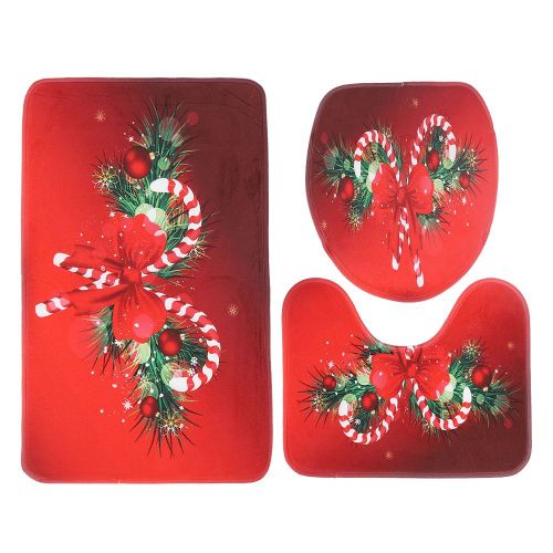 HJLIAN Lot de 3 tapis de toilette antiderapants en polyester rouge de Noel pour salle de bain
