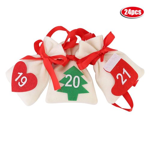 HJLIAN Calendrier de l'Avent a suspendre, compte a rebours de Noel, Nouvel An, sacs cadeaux, pochettes, decoration d'interieur, chiffres de 1 a 24