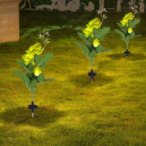 Hjlian Lampe De Pelouse 3 Led A Energie Solaire, Style Rose Jaune, Pour Jardin Exterieur Et Cour