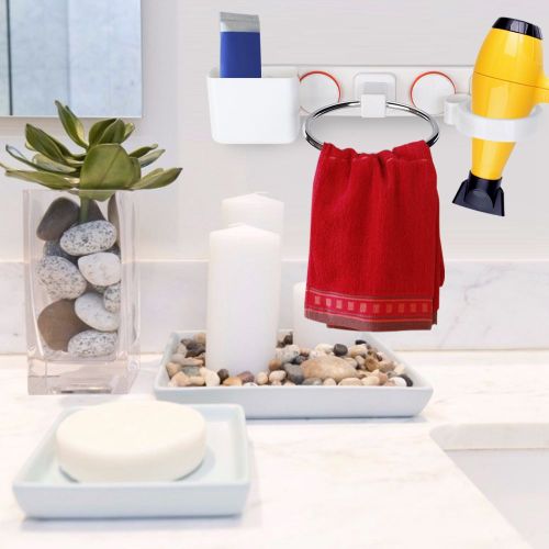 HJLIAN Support de rangement de salle de bain multifonction a ventouse puissante, anneau porte-serviettes, seche-cheveux, peignes