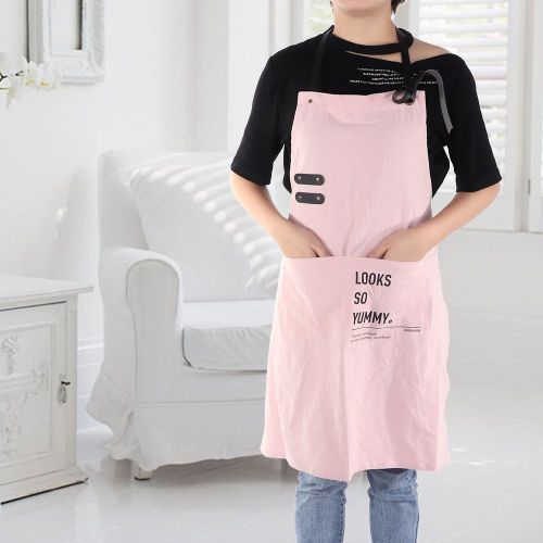 Hjlian Tablier De Cuisine En Coton Et Lin Pour Adulte, Avec Cordon Reglable (Rose)