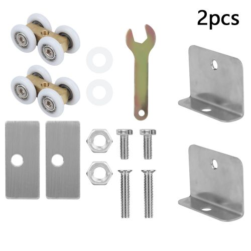 HJLIAN Lot de 2 poulies de porte coulissante a 4 roues pour porte en bois, support de poulie pour porte coulissante en verre de 10 mm