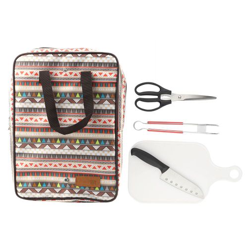 Hjlian Lot De 5 Ustensiles De Cuisine D'exterieur En Acier Inoxydable, Couteau De Barbecue, Planche A Decouper, Sac De Pique-Nique, Ustensiles Simples