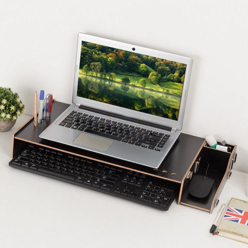 HJLIAN Support de bureau en bois pour ecran d'ordinateur, boite de rangement, support pour ordinateur portable, noir