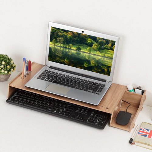 HJLIAN Support de moniteur de bureau en bois de cerisier, boite de rangement pour ordinateur portable