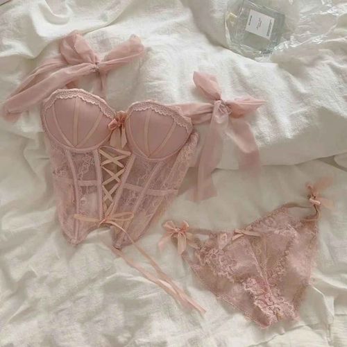 Doux Sexy Dames Ensemble De Soutien-Gorge Arête De Poisson Corset Épicé Fille Dentelle Lingerie Sangle Rembourrage Froncé Type Mince Corset Femmes Ensemble De Soutien-Gorge